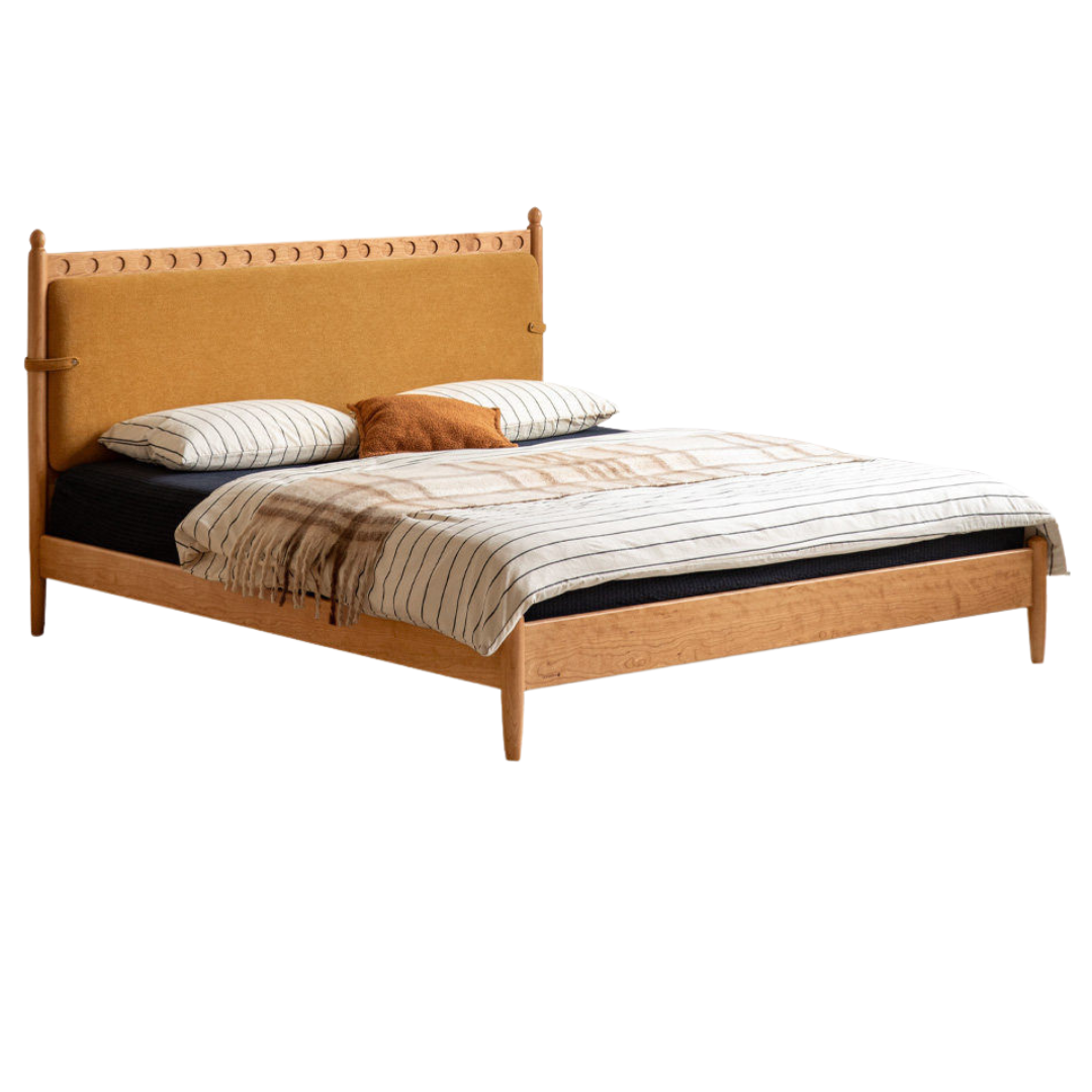 Cherry Solid Wood Double Bed with Vintage Style and Leather Upholstered Headboard