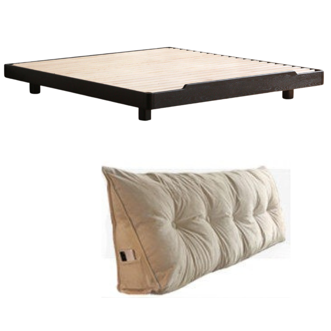 Oak, Rubberwood, Ash Solid Wood Suspended Platform Bed, Headboard-Free Bed Black with Light
