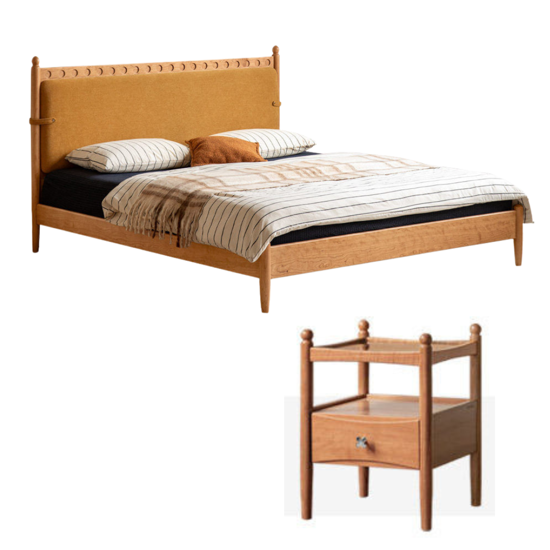 Cherry Solid Wood Double Bed with Vintage Style and Leather Upholstered Headboard