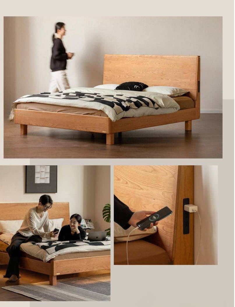 Cherry Solid Wood Bed Modern Minimalist Luminous Bed