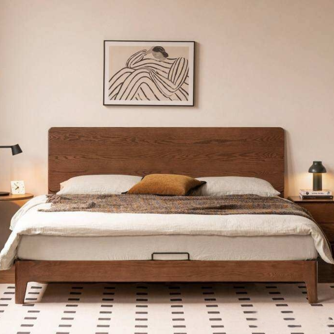 Oak Solid Wood Bed Platform Bed with Rectangular Panel Headboard and Tapered Legs