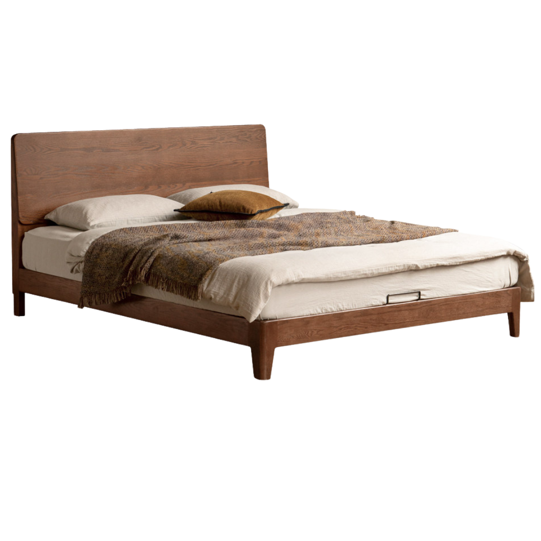 Oak Solid Wood Bed Platform Bed with Rectangular Panel Headboard and Tapered Legs
