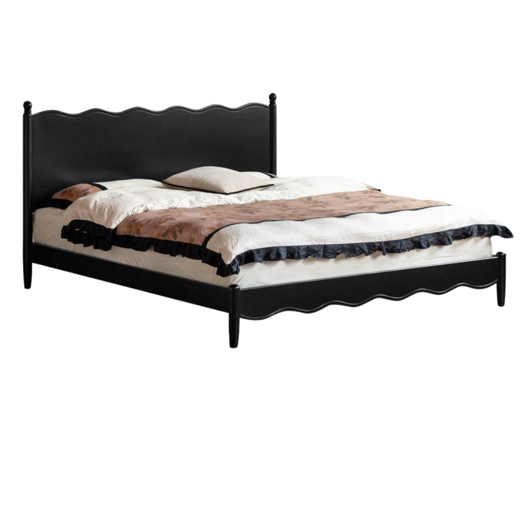 Rubberwood Solid Wood French Style Bed with Black Carved Headboard and Elegant Curved Frame
