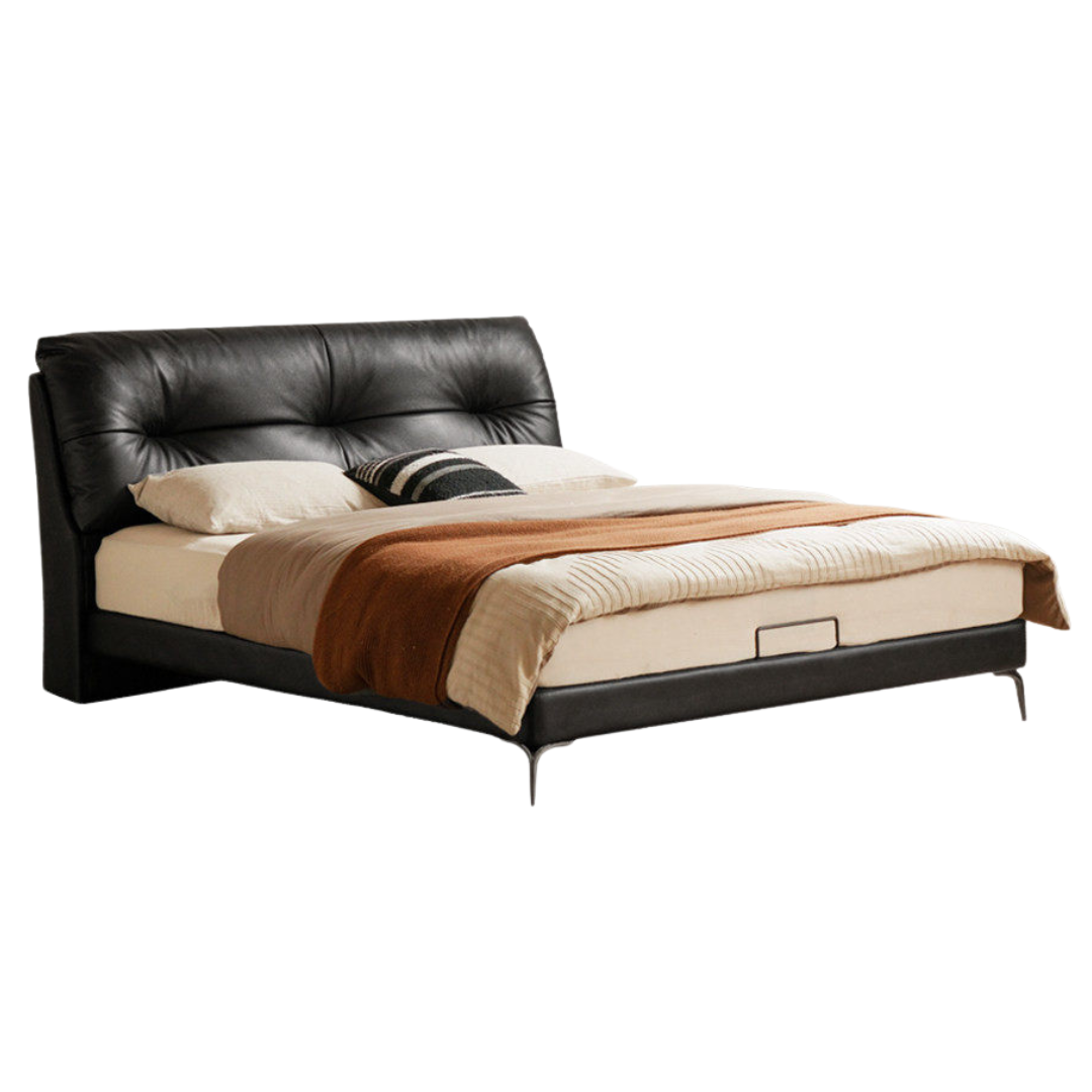 Genuine Leather Platform Bed with Curved Tufted Headboard and Tapered Metal Legs