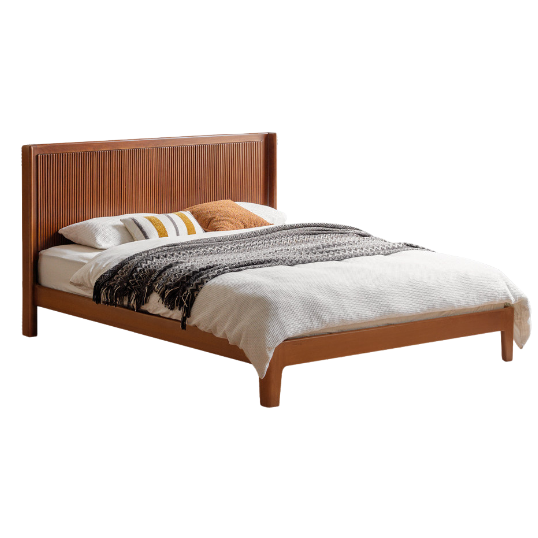 North American Tulipwood Solid Wood Platform Bed with Reeded Headboard