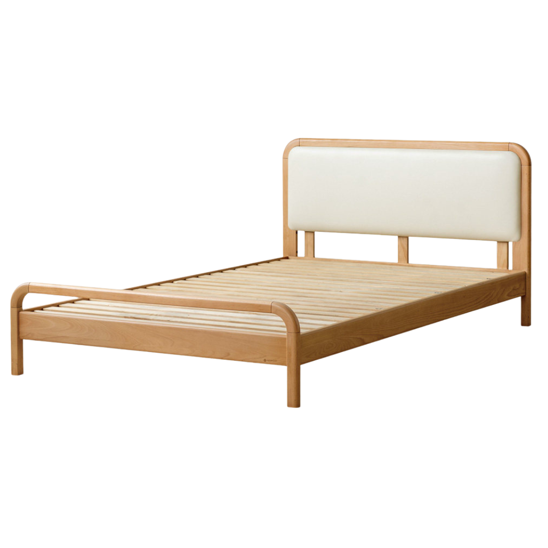Beech Solid Wood Kids Bed with Adjustable Height and Rounded Corner Headboard