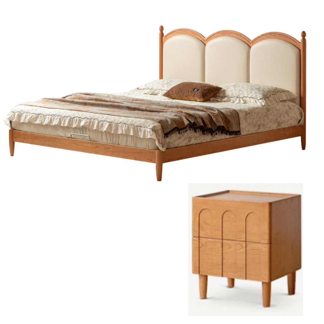 Cherry Wood Solid Wood French Country Bed with Scalloped Arch Panel Headboard