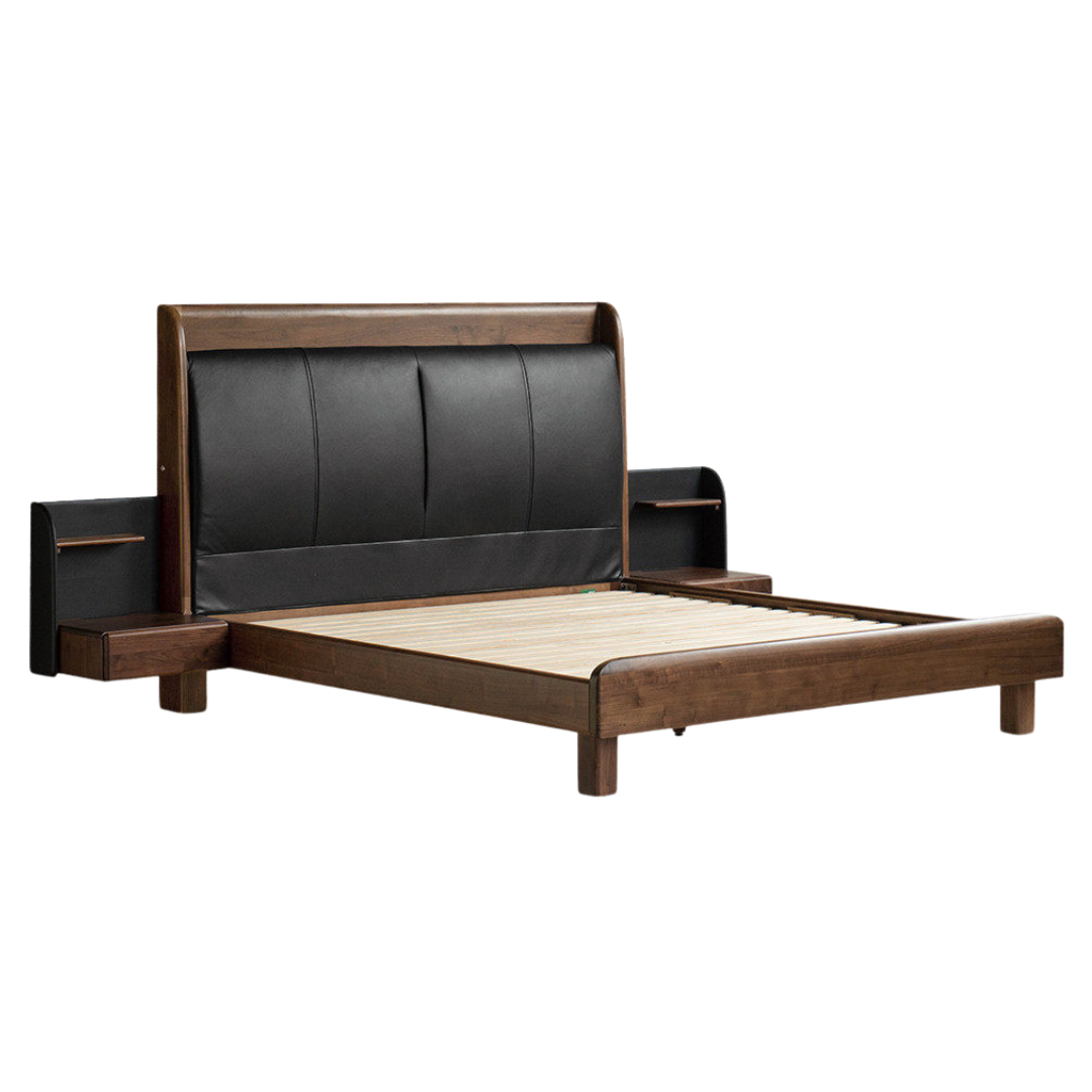Black Walnut Solid Wood Genuine Leather Curved Leather Bed with Floating Base and LED Lighting