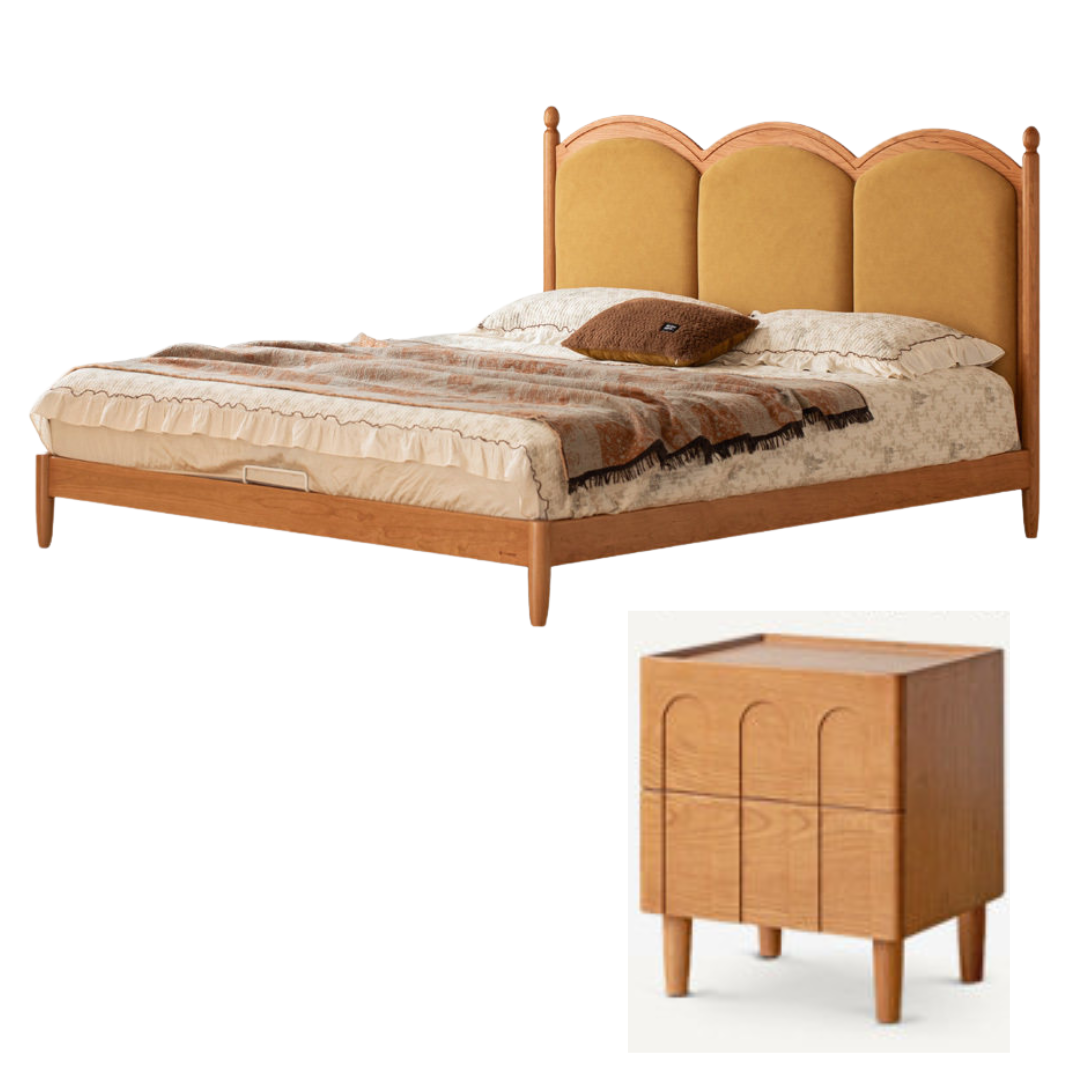 Cherry Wood Solid Wood French Country Bed with Scalloped Arch Panel Headboard