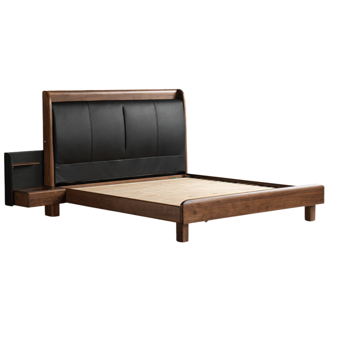 Black Walnut Solid Wood Genuine Leather Curved Leather Bed with Floating Base and LED Lighting