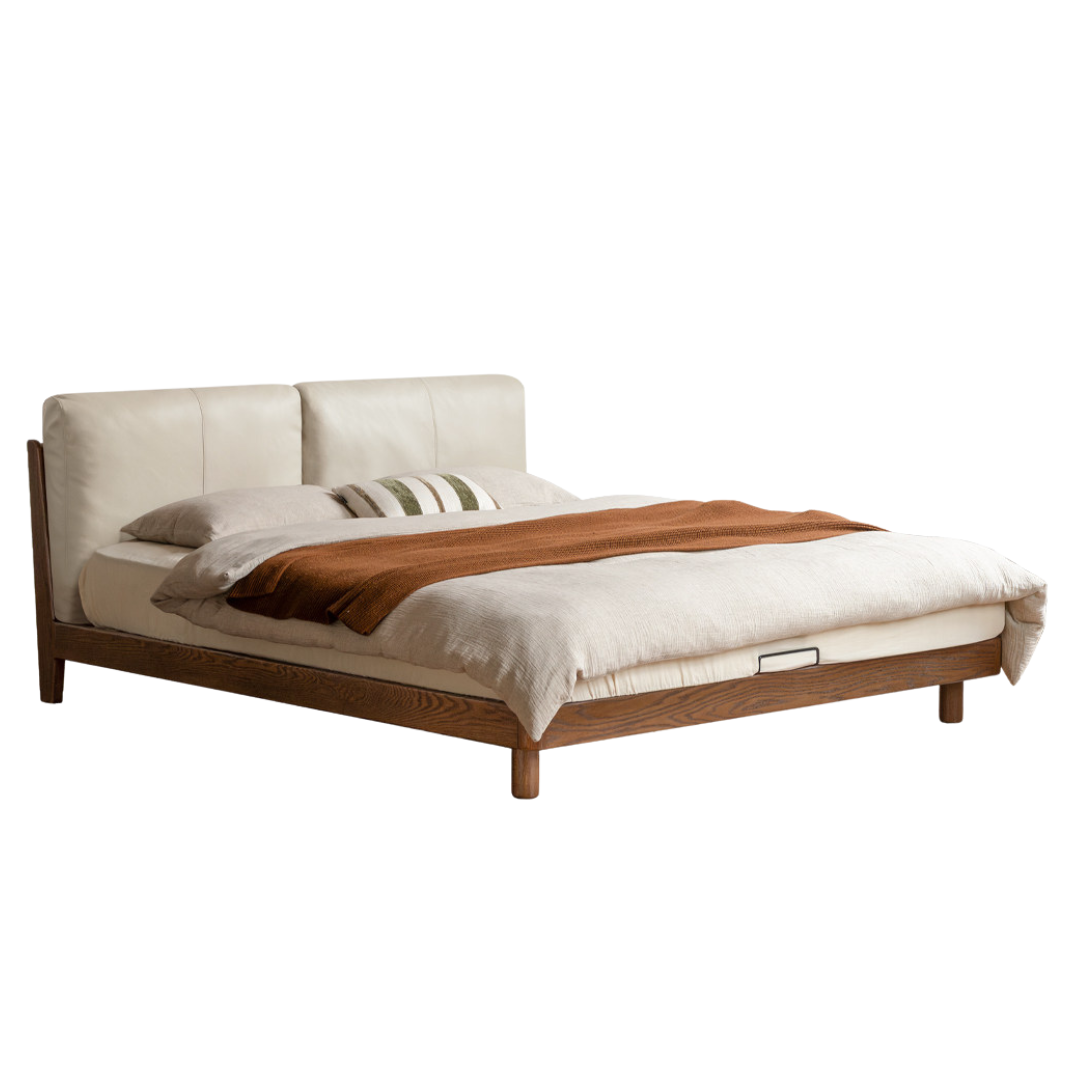 Oak Solid Wood, Modern Minimalist Soft Upholstered Genuine Leather, Fabric Bed