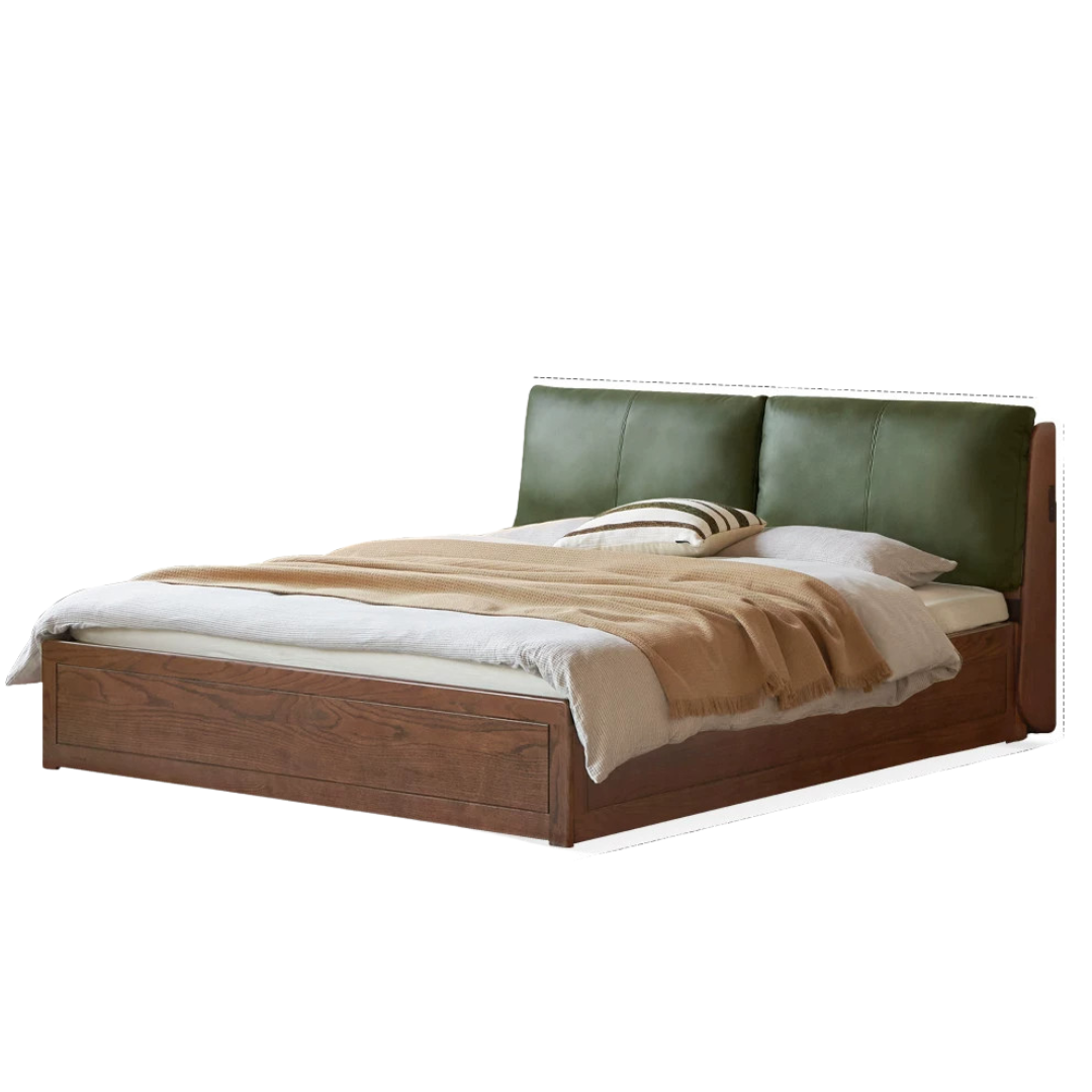 Oak Solid Wood Genuine Leather, Fabric Soft-Padded Box Bed