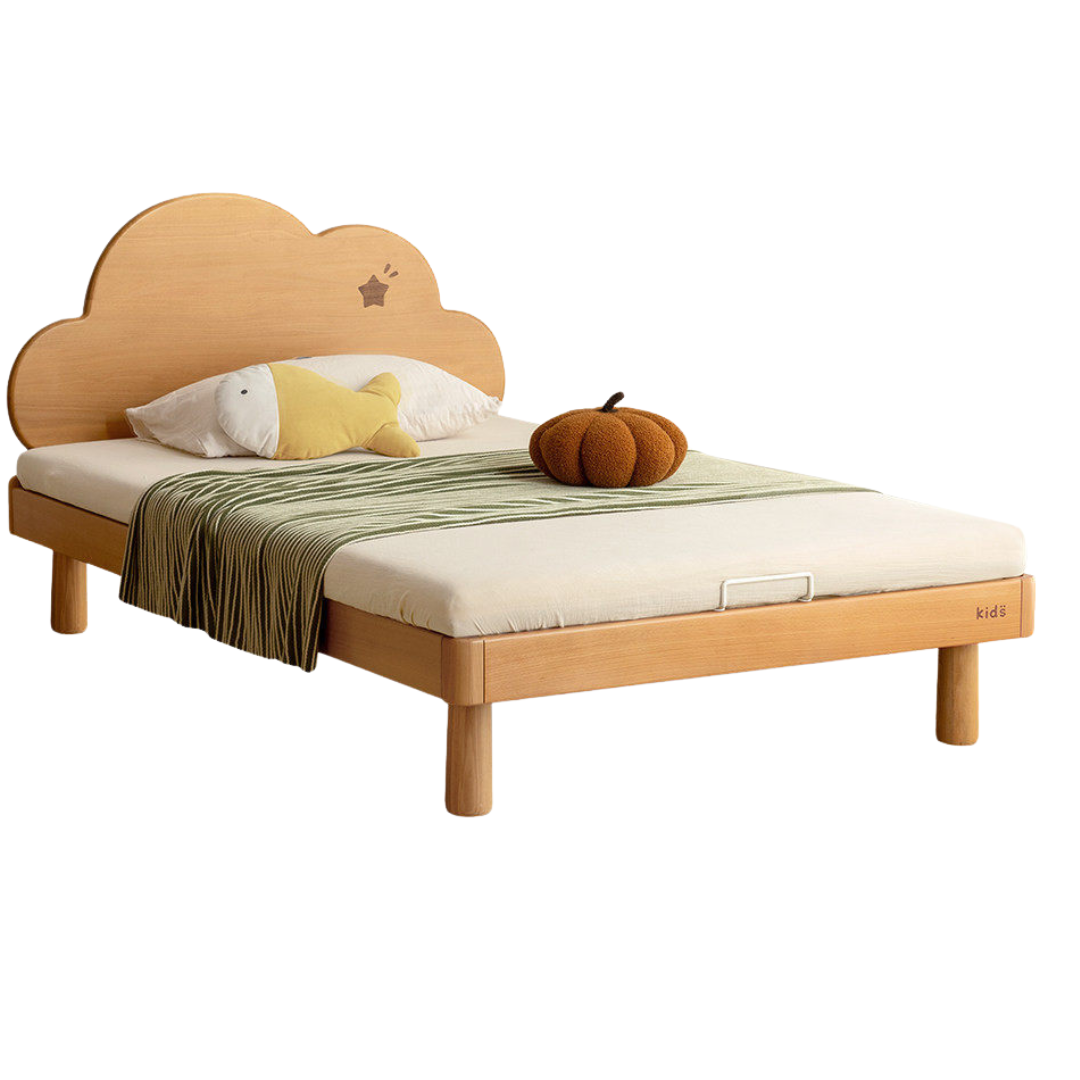 Beech Solid Wood Kids Montessori Platform Bed with Cloud Headboard