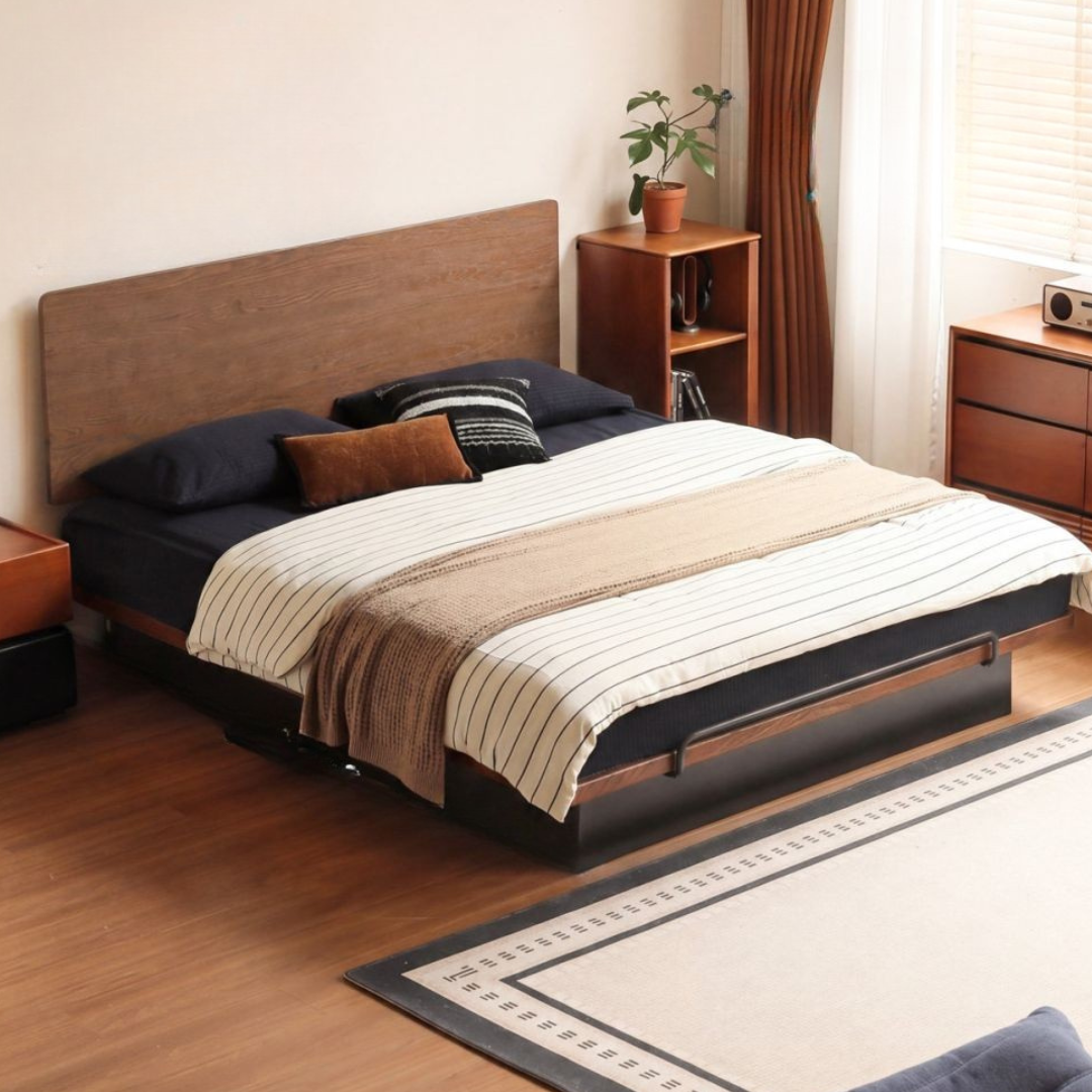 Oak Solid Wood Mid-Century Floating Storage Bed with Lift-Up Storage Box