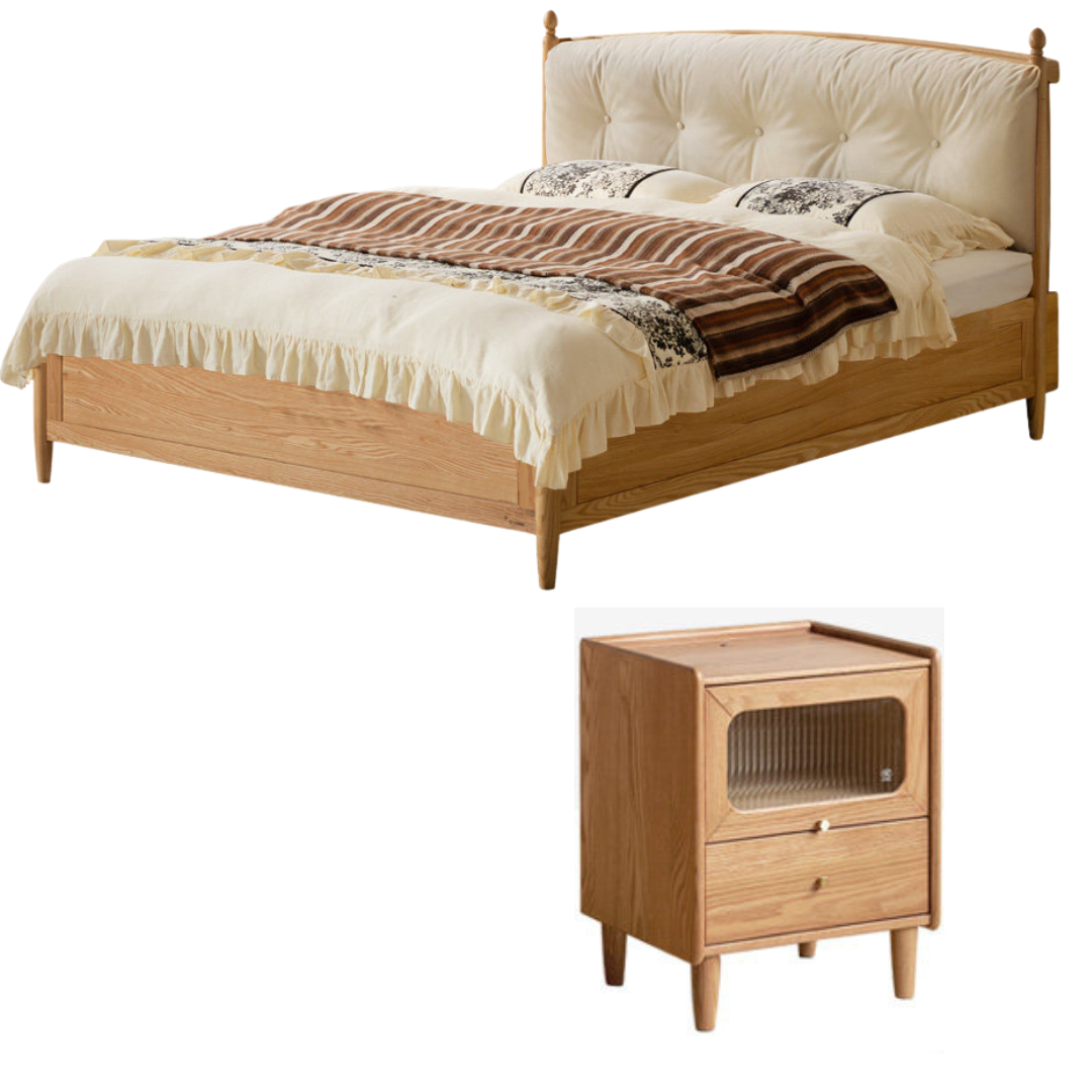 Oak,  Ash Solid Wood Bed — Modern Minimalist with Genuine Leather and Soft Headboard