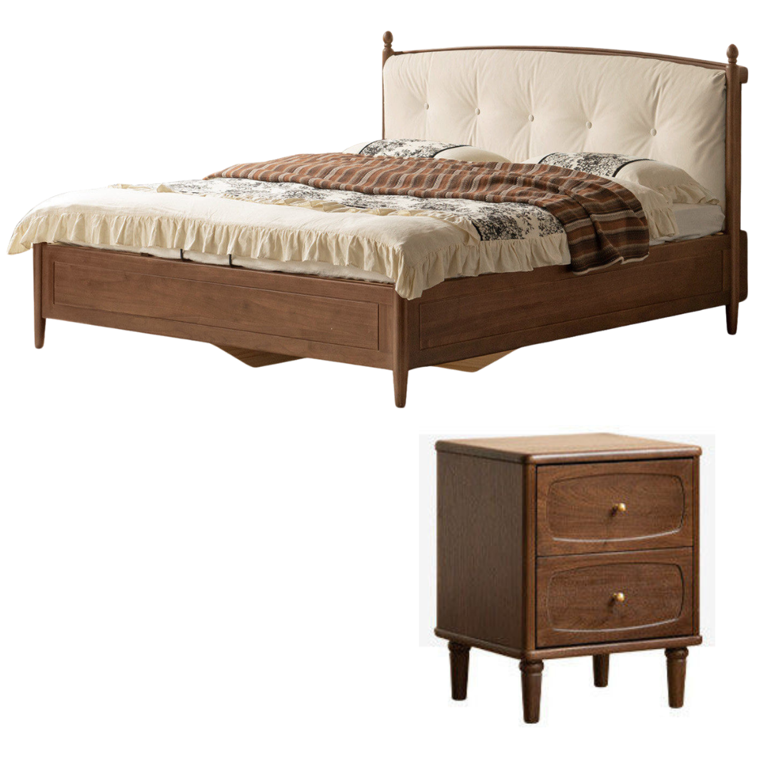 Black Walnut Solid Wood Four Poster Storage Bed with Tufted Headboard and Gas Lift