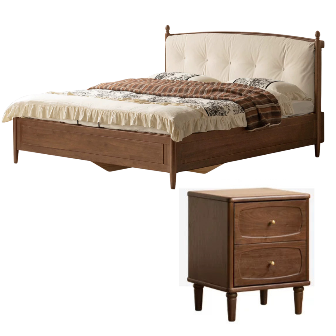 Black Walnut Solid Wood American Vintage Bed with Removable Headboard Cushion