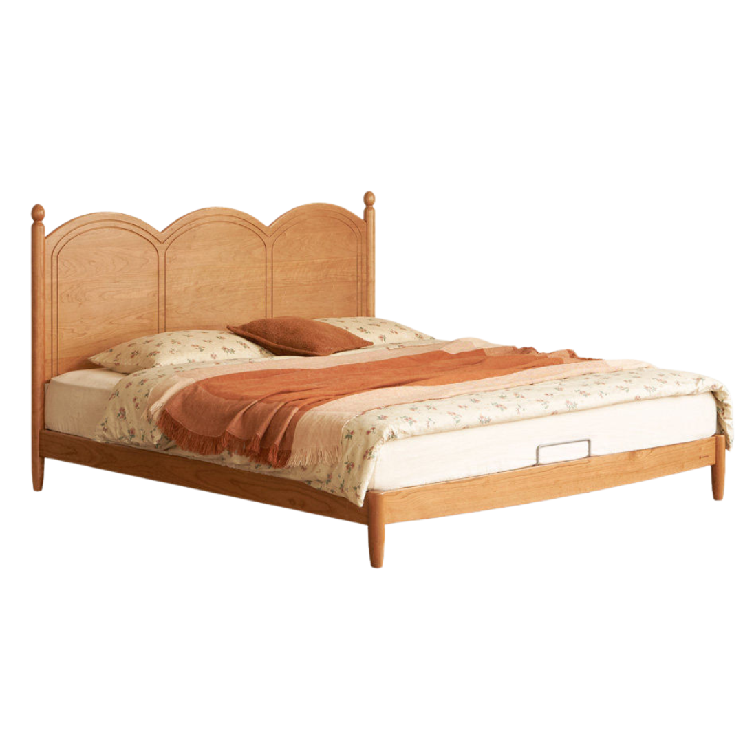 Cherry Solid Wood French Country Arched Platform Bed with Spindle Legs