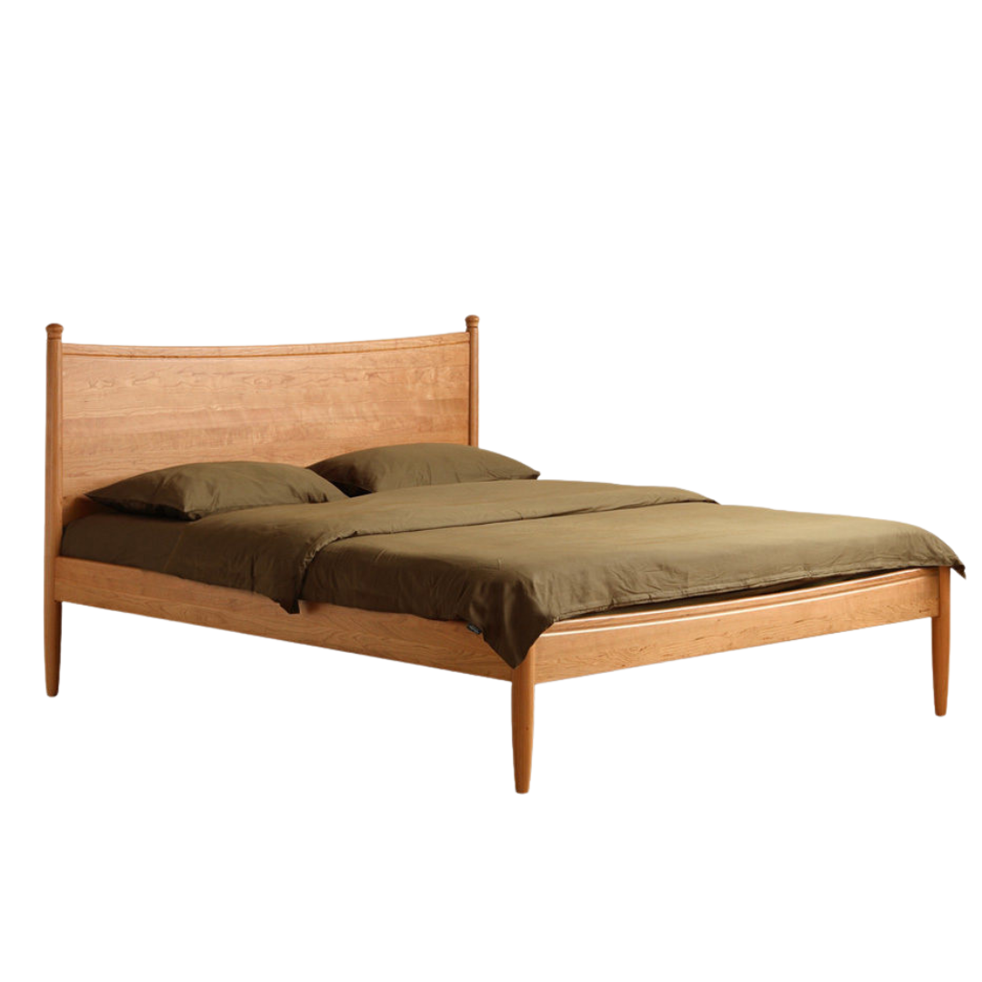 Cherry Solid Wood Nordic Platform Bed with Curved Panel Headboard