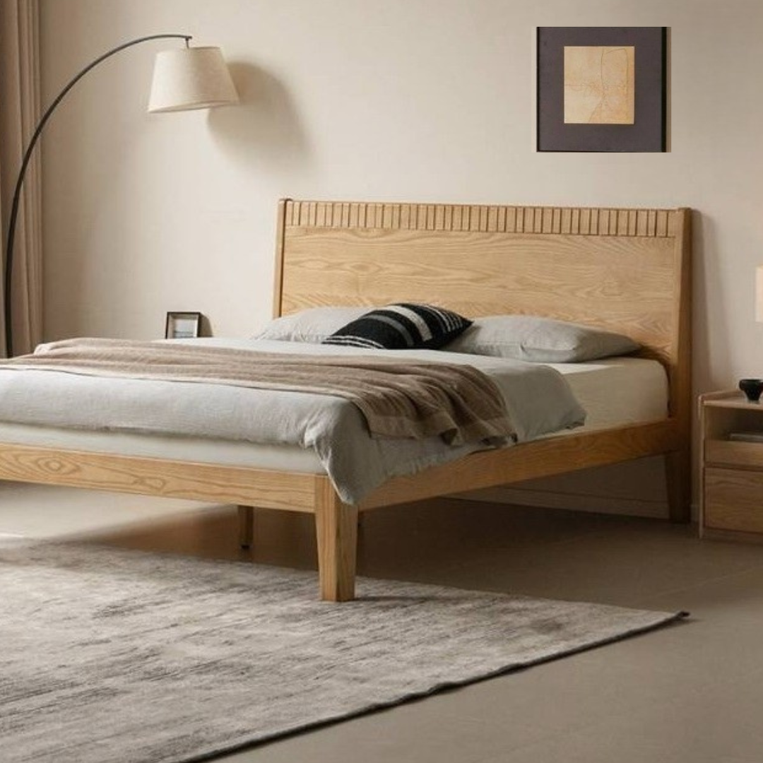 Ash Solid Wood Modern Minimalist Bed with Grooved Headboard and High Under-Bed Clearance