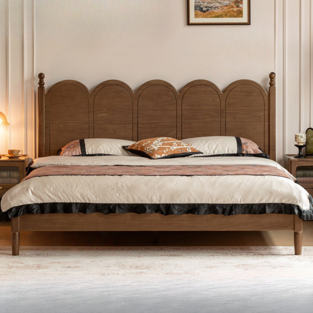 Black Walnut Solid Wood French Country Arched Platform Bed with Turned Posts