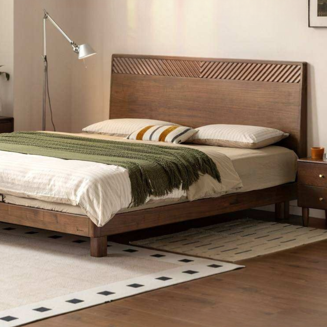 Black Walnut Solid Wood Platform Bed with Grooved Panel Headboard Accent