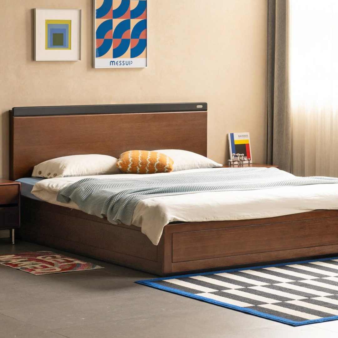 Golden Rosewood Solid Wood Bauhaus Storage Bed with Full Lift-Up Storage Box and Color-Block Headboard
