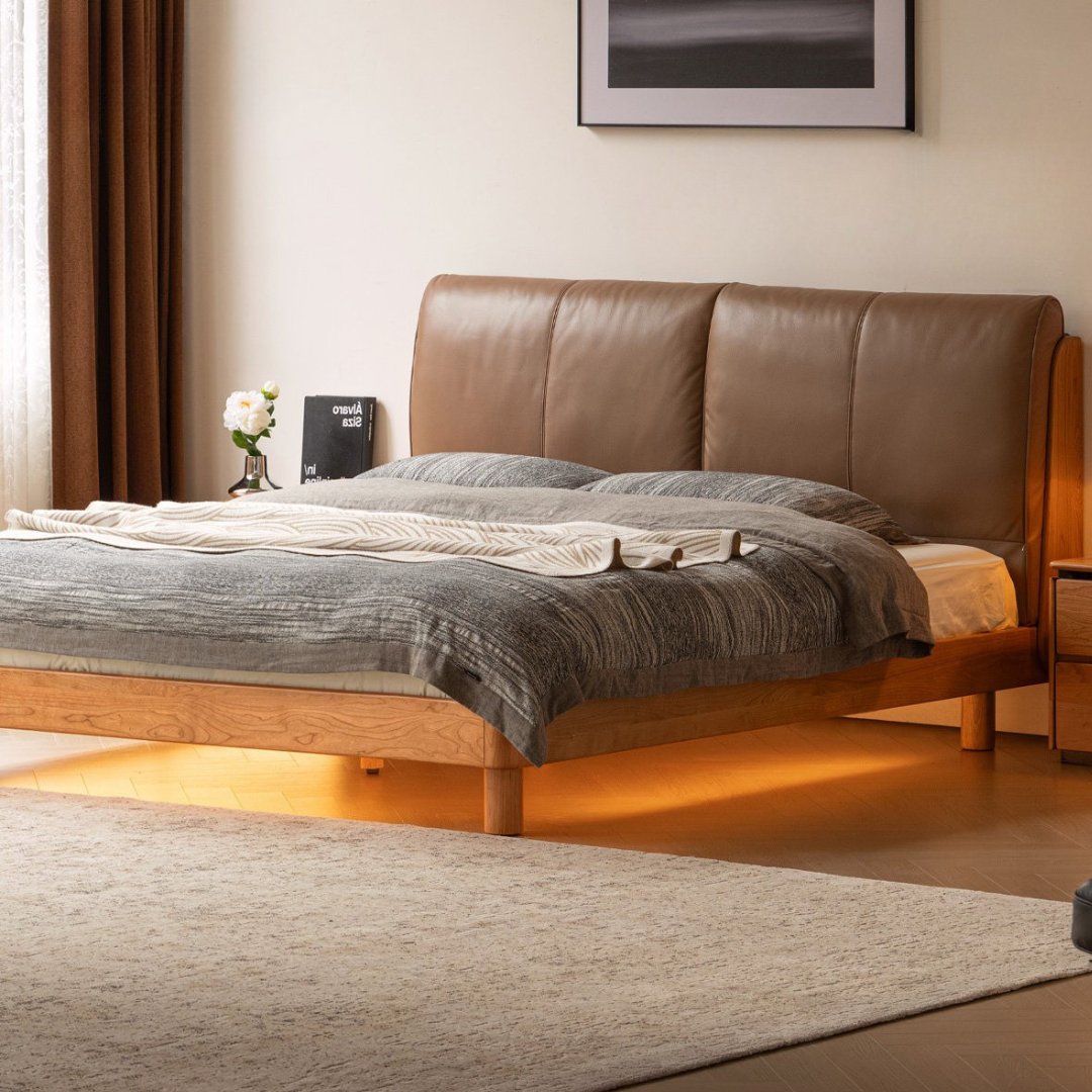 Cherry Solid Wood Bed with Genuine Leather Upholstered Headboard and LED Lighting