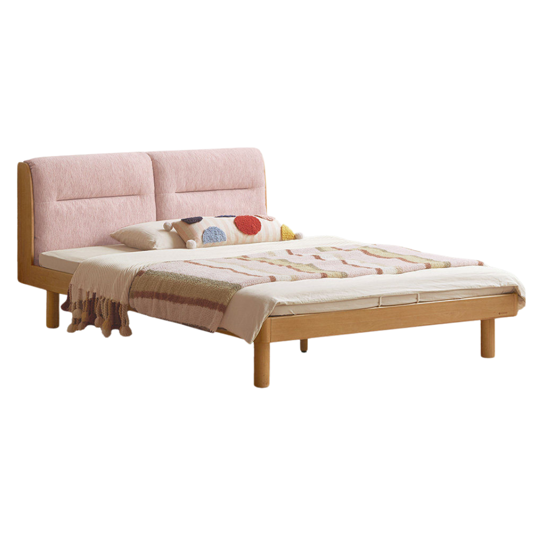 Beech Solid Wood Adjustable Height Kids Bed with Upholstered Segmented Headboard