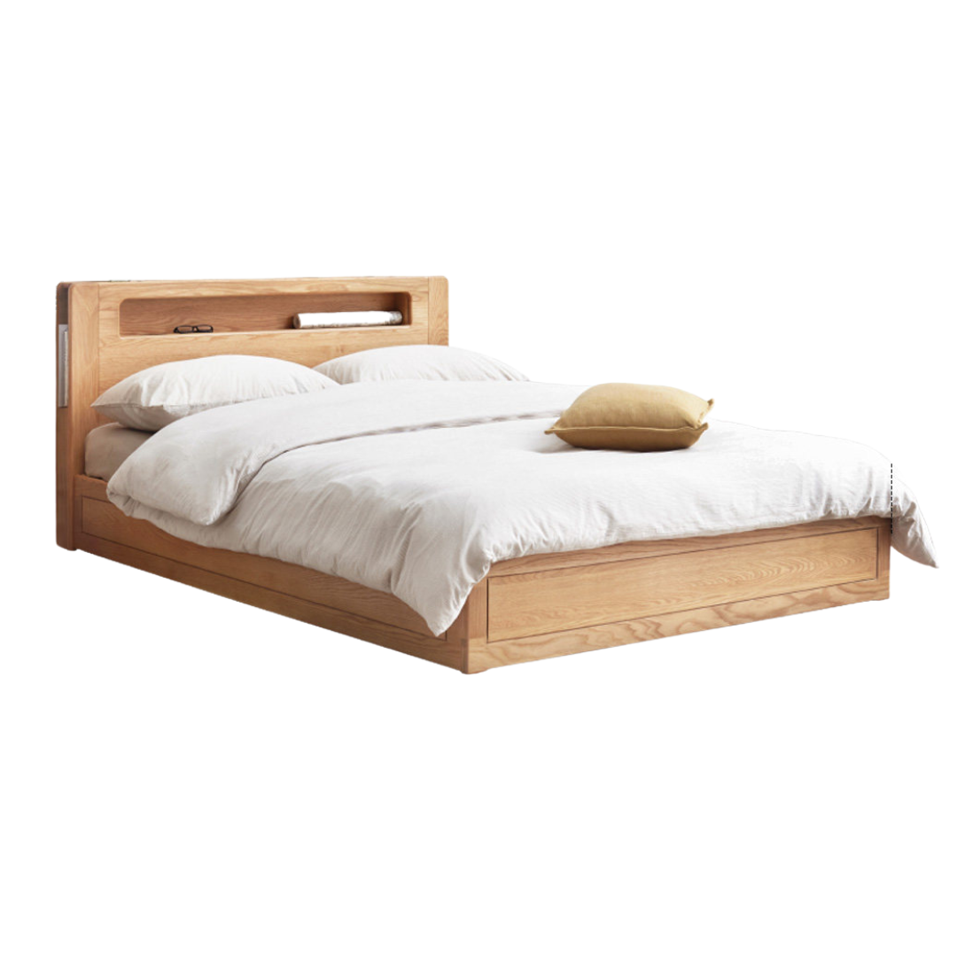 Oak Solid Wood Storage Bed with Bookcase Headboard and Built-In Desk Setup