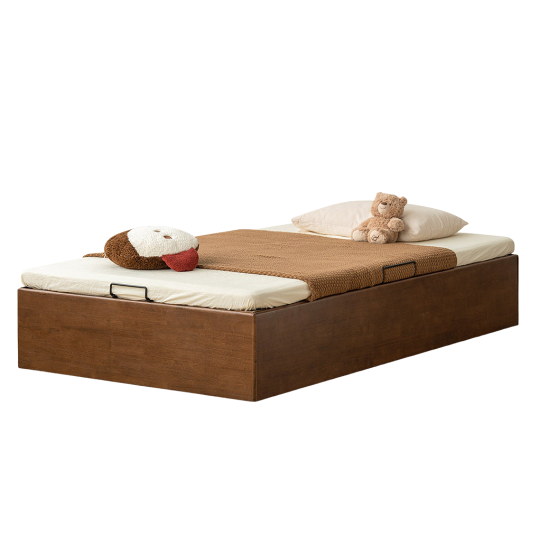 Rubberwood Solid Wood Storage Bed with No Headboard and Side-Opening Lid