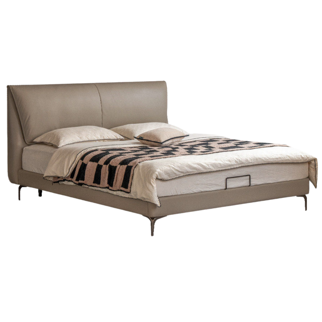 Genuine Leather Sculpted Curved Bed with Tall Sloped Headboard