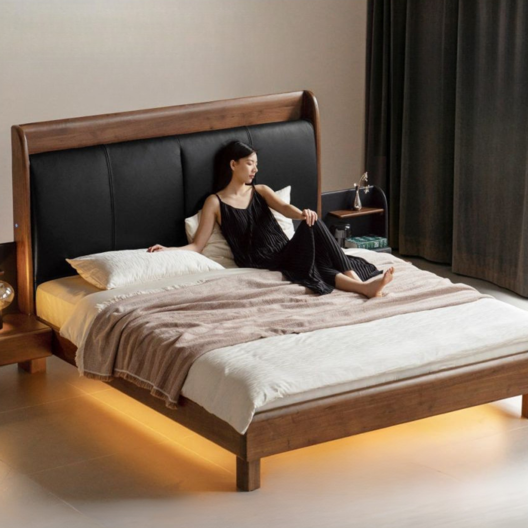 Black Walnut Solid Wood Genuine Leather Curved Leather Bed with Floating Base and LED Lighting