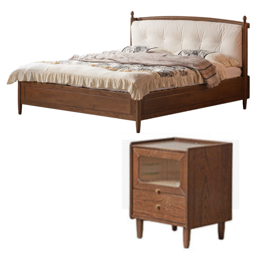 Oak Solid Wood French Country Tufted Storage Bed with Gas Lift and Turned Posts