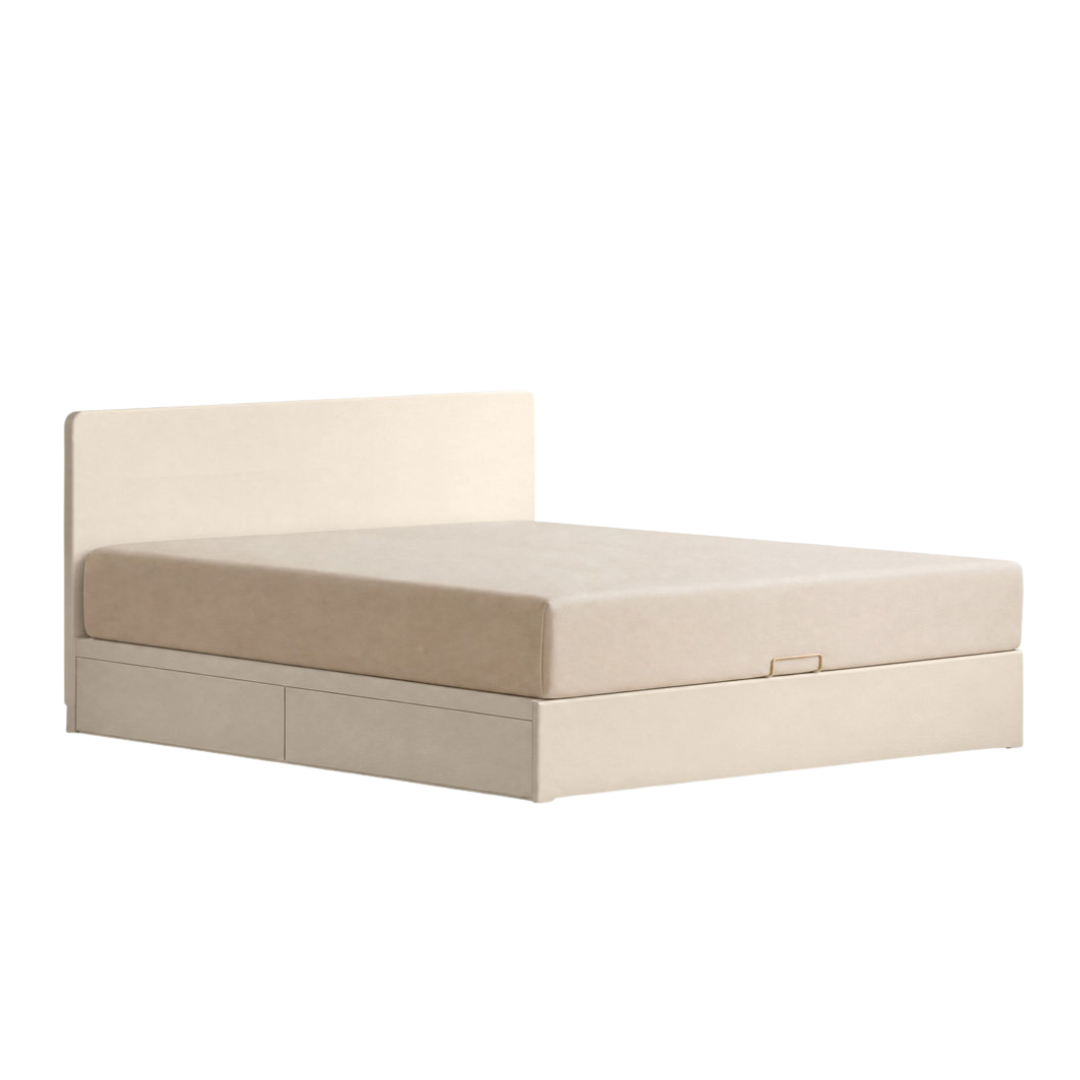 Rubberwood Solid Wood Platform Storage Bed with Gas Lift Base and Side Drawers