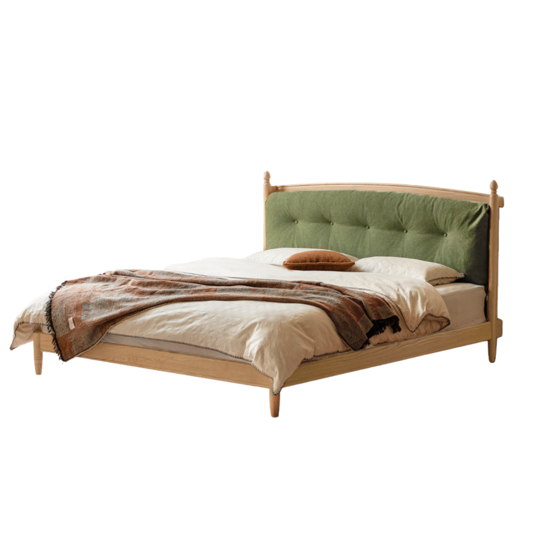 Oak,  Ash Solid Wood Bed — Modern Minimalist with Genuine Leather and Soft Headboard