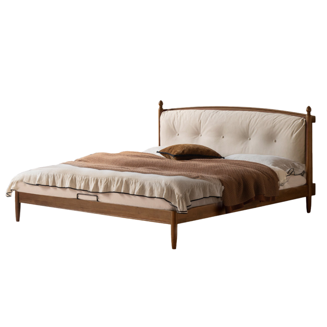 Black Walnut Solid Wood American Vintage Bed with Removable Headboard Cushion