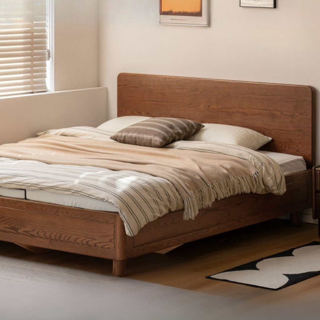 Oak Solid Wood Storage Bed with Gas Lift and Flat Panel Headboard