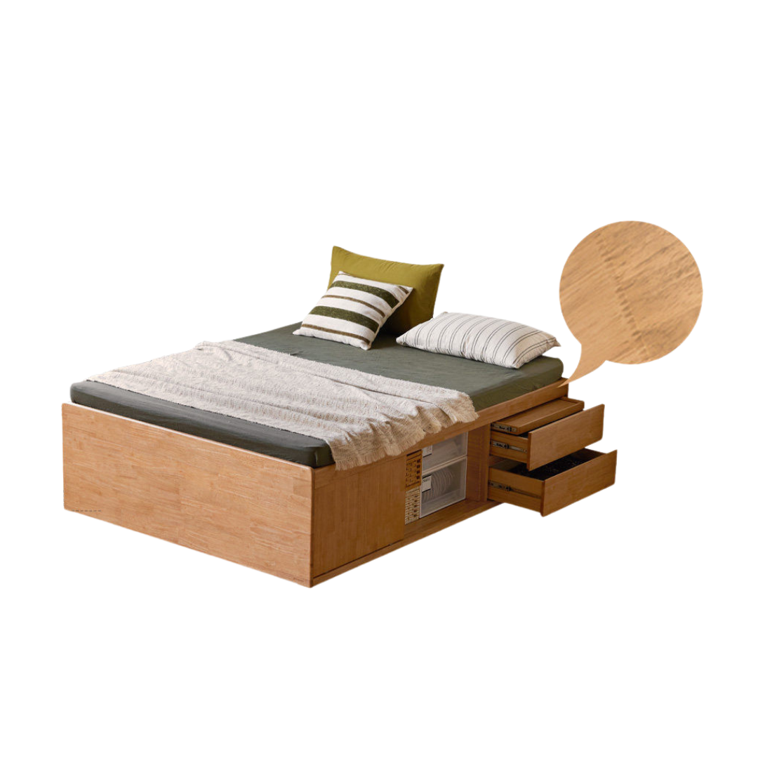 Rubberwood Solid Wood Low Platform Storage Bed with Side Drawers
