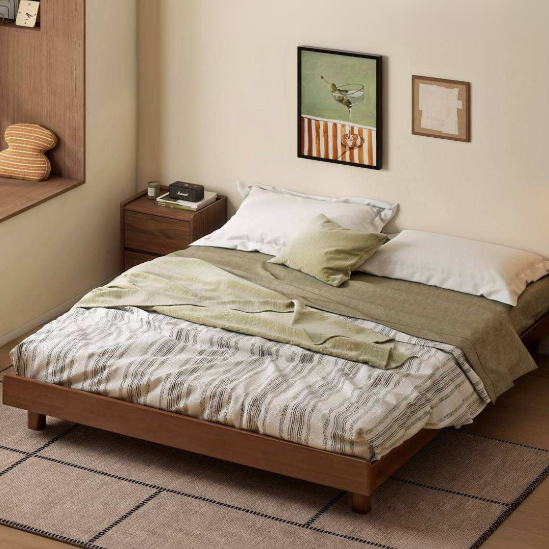 Rubberwood Solid Wood Modern Low Platform Bed Without Headboard