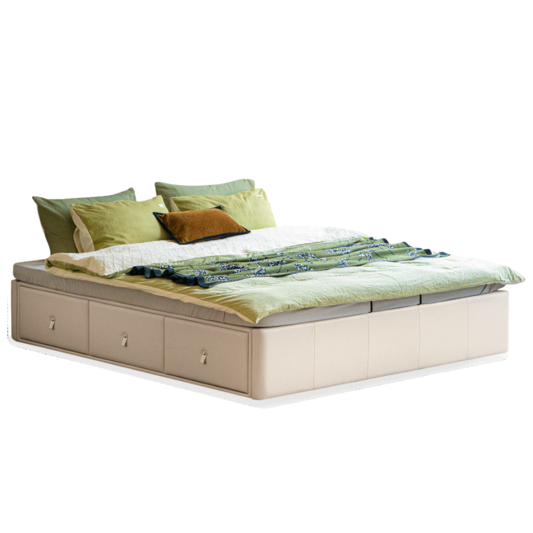 Upholstered Storage Platform Bed, Modern Minimalist White Eco Leather Tatami Bed with Box Storage