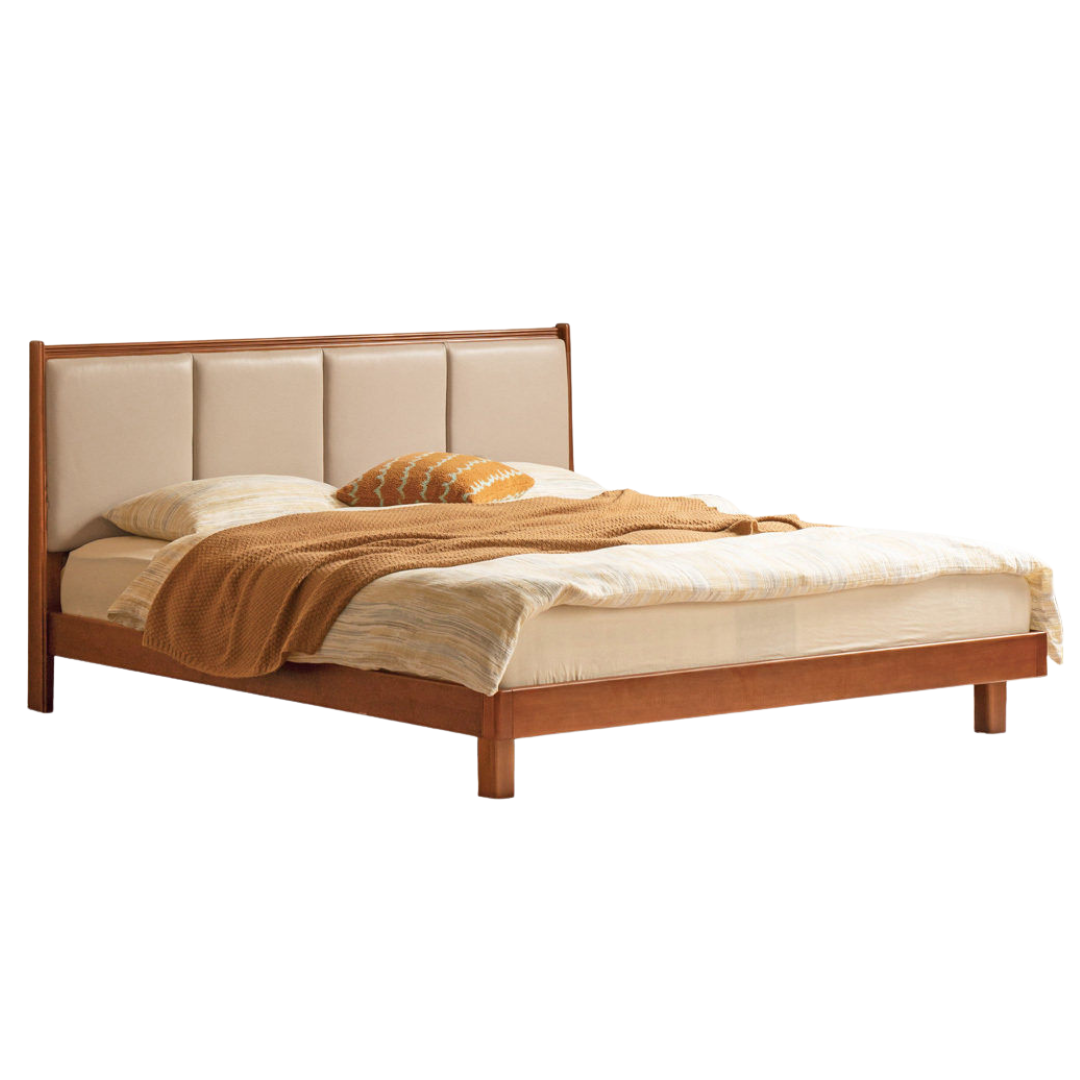 Poplar Solid Wood Mid-Century Piano Key Bed with Leather Upholstered Headboard