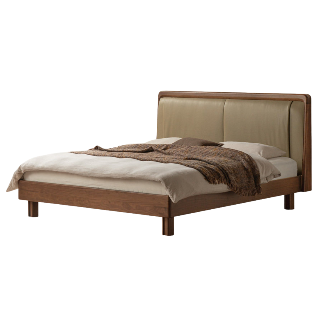 Black Walnut Solid Wood Italian Genuine Leather Bed with Down-Filled Upholstered Headboard