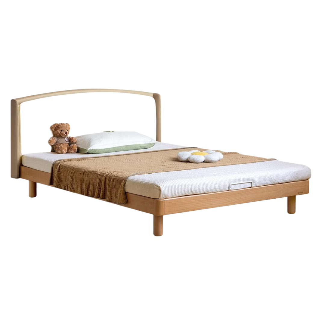 Beech Solid Wood Kids Upholstered Low Platform Bed with Curved Headboard