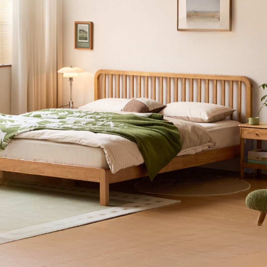 European Beech,Rubberwood Solid Wood Bed Modern Simple