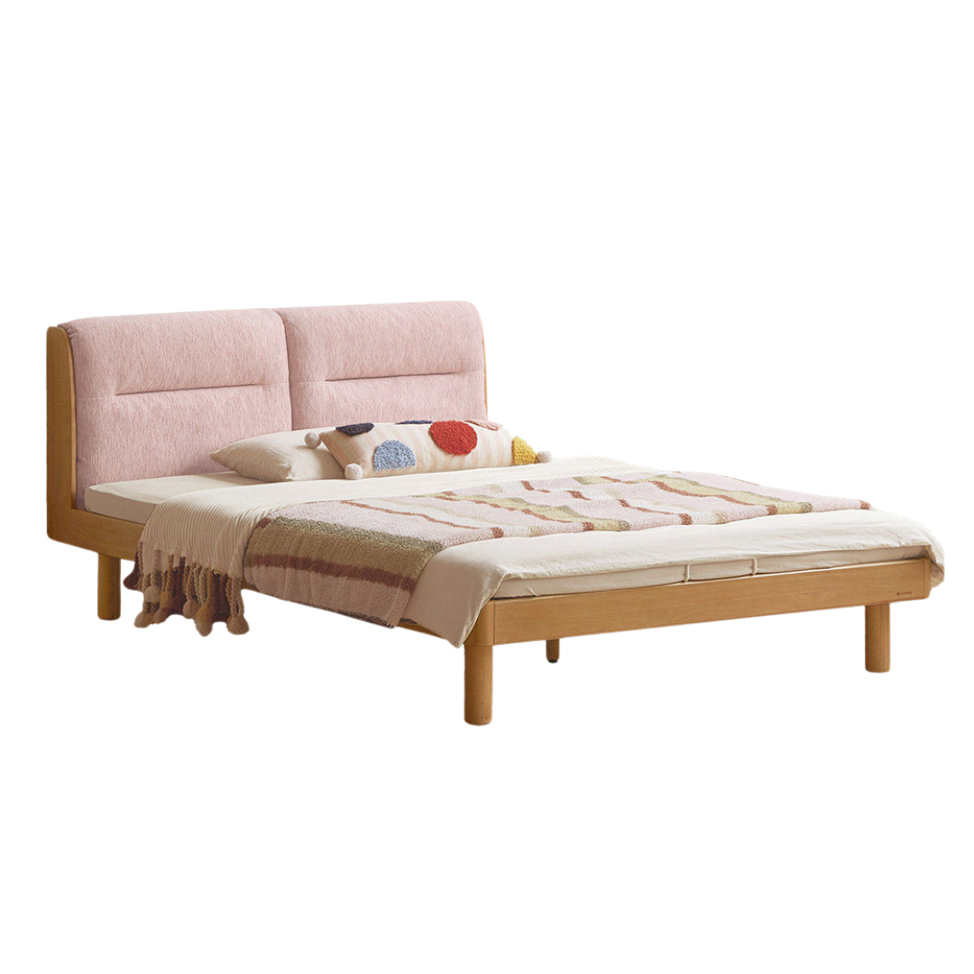 Beech Solid Wood Adjustable Height Kids Bed with Upholstered Segmented Headboard
