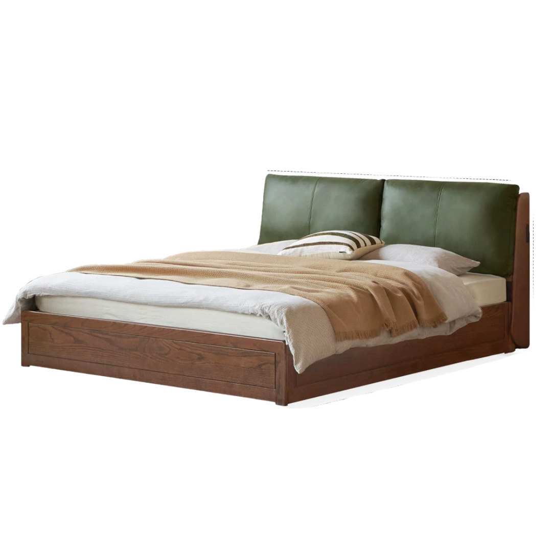Oak Solid Wood Genuine Leather, Fabric Soft-Padded Box Bed