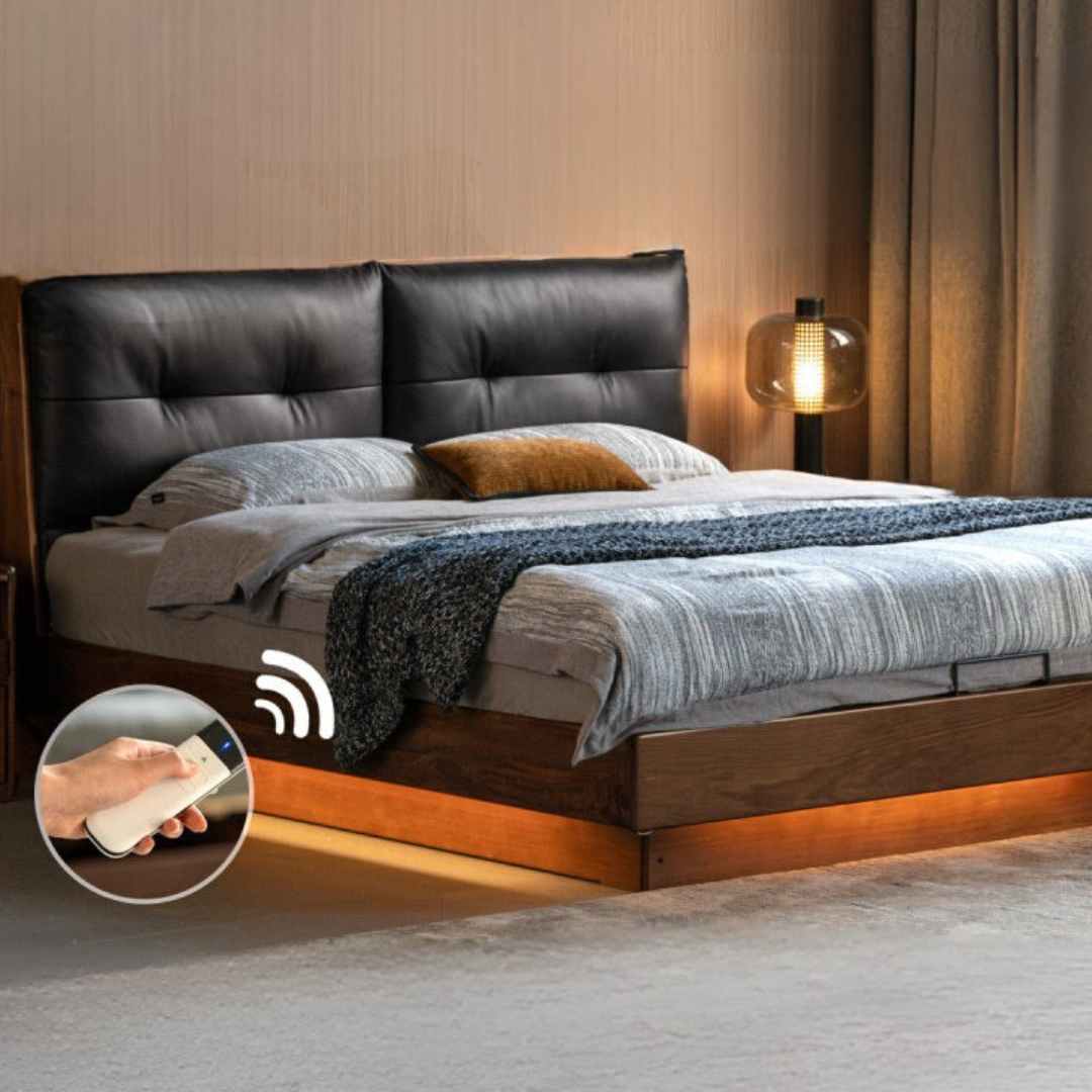 Black Walnut Solid Wood Genuine Leather Lift-Up Storage Bed with Tufted Headboard and LED Floating Base