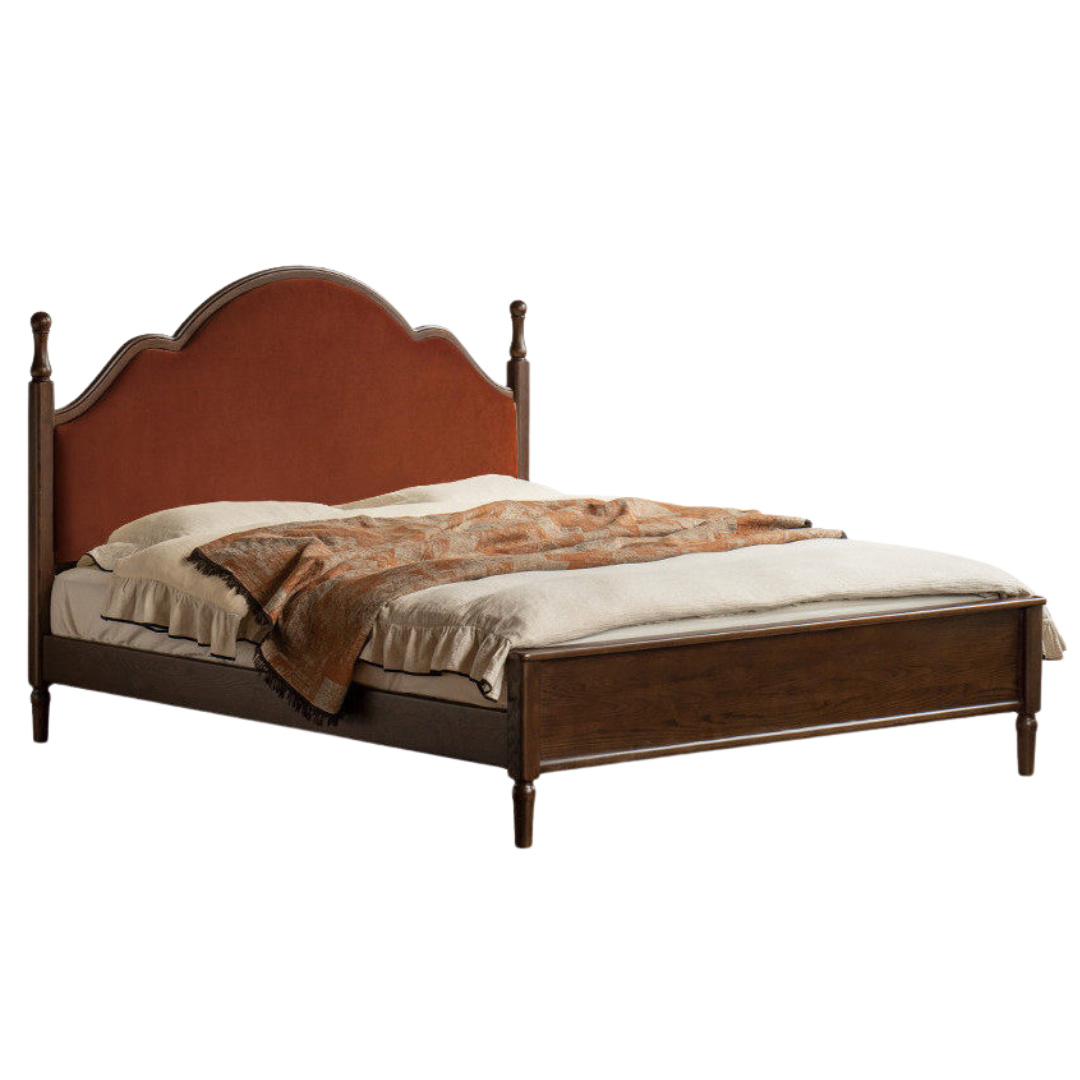 Ash Solid Wood Genuine Leather Bed with Tall Arched Headboard and Turned Finial Posts
