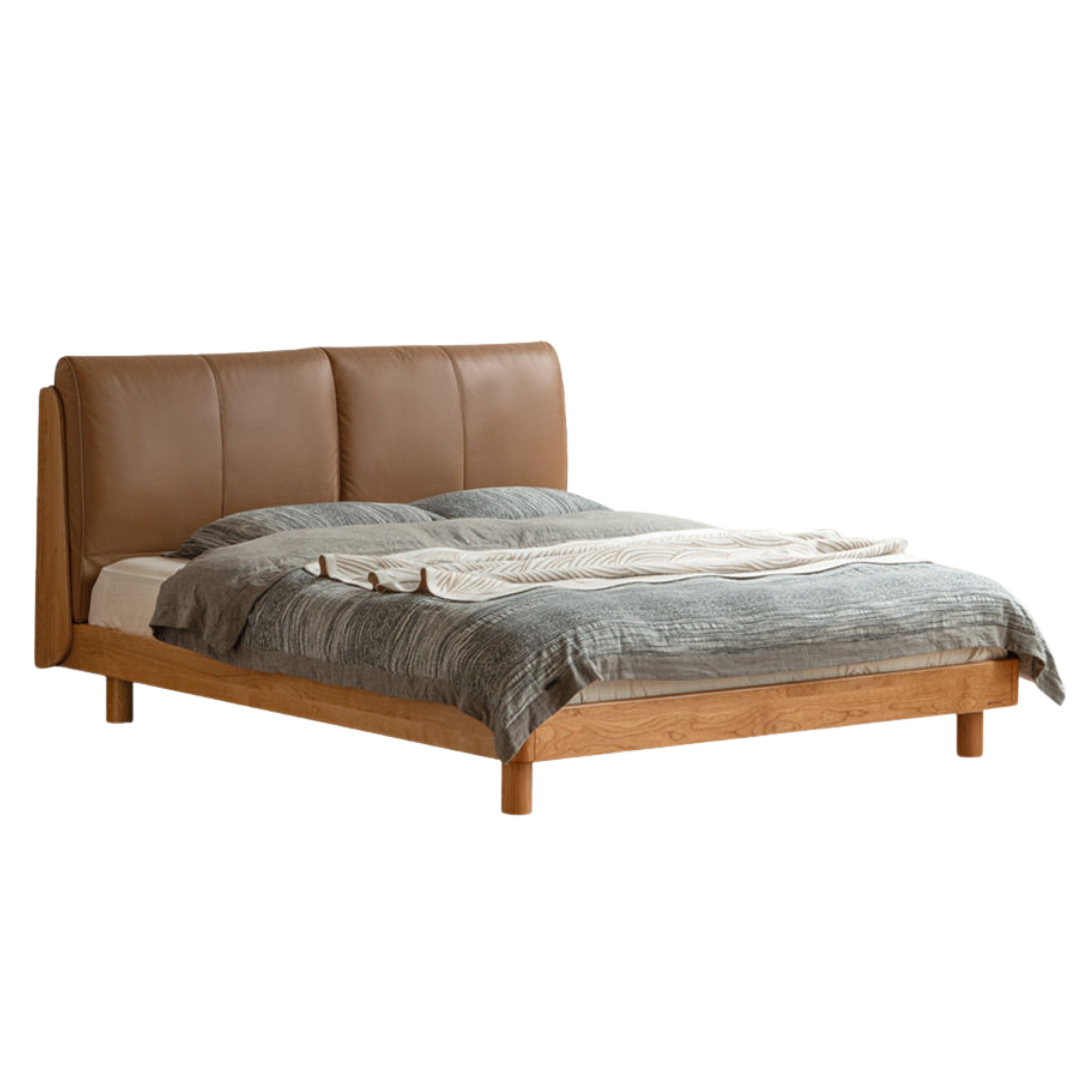 Cherry Solid Wood Bed with Genuine Leather Upholstered Headboard and LED Lighting